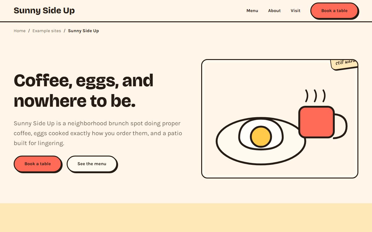 Preview of the Sunny Side Up template example, featuring a menu grid and reservation form